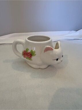 White Ceramic kitty Cat mug with Pink Rose Detail